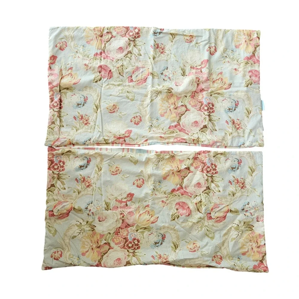 Waverly Floral Stripe Bedding Set Pink Green Cottagecore Embroidered Shams 5 pc
